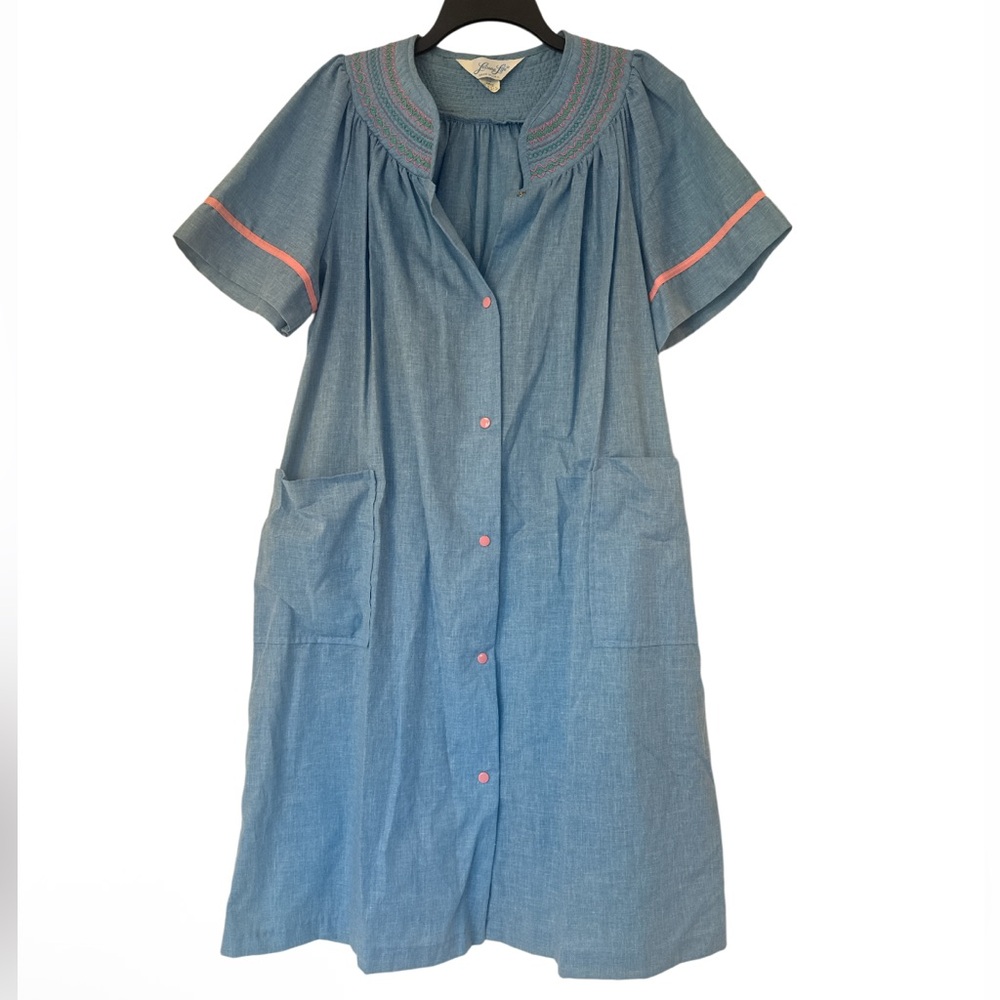 Leisure Life VTG 60’s Blue Muumuu Button Front Nightgown Pastel Pink Trim - Sz L